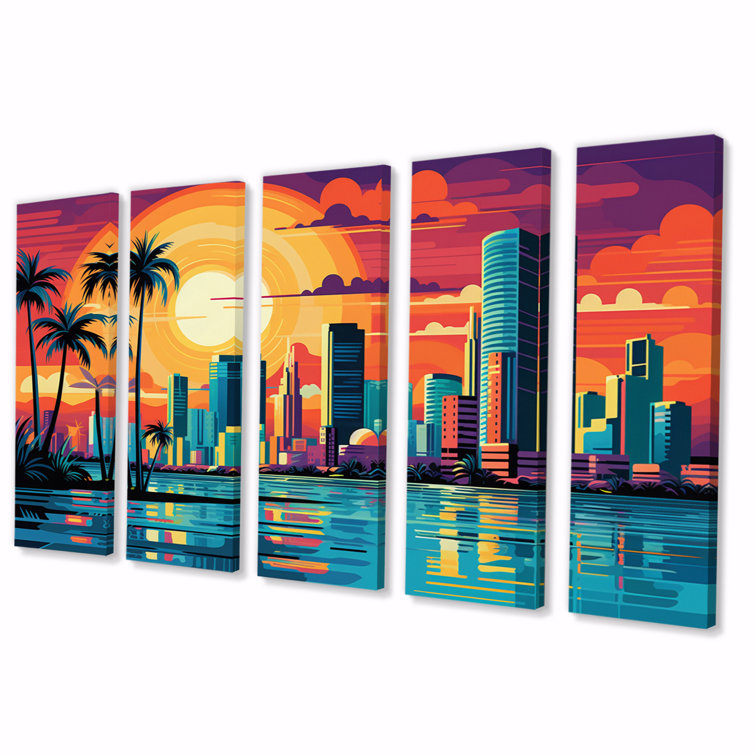Bay Isle Home Pop Art Miami Cityscape I On Canvas 5 Pieces Print